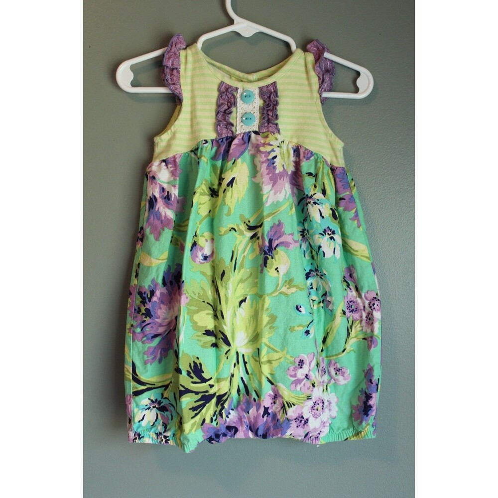 Ricrac & Ruffles Floral Dress Purple Ruffles Green Stripes Baby Girl 18M